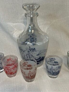 French Glass Decanter and Shot Glass Set with Blue and Red Scenic Prints